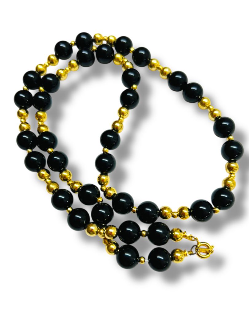 Vintage Black Goldtone Black Beaded Necklace 24" Spring Clasp