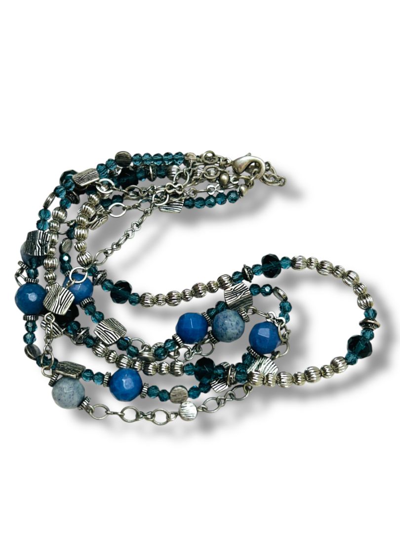 Premier Designs Multistrand Necklace Blue Silvertone Beaded 15.5-19"