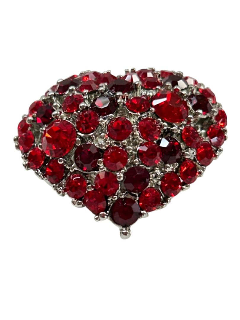 Sparkle Heart Brooch Pin Red Silvertone 1.25" Signed