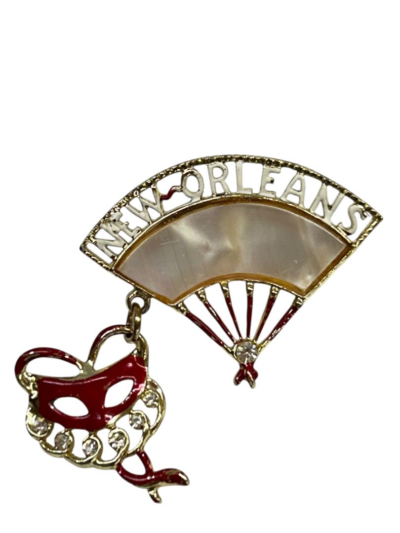 Vintage New Orleans Brooch Pin Fan Masquerade 2" Mother of Pearl Goldtone