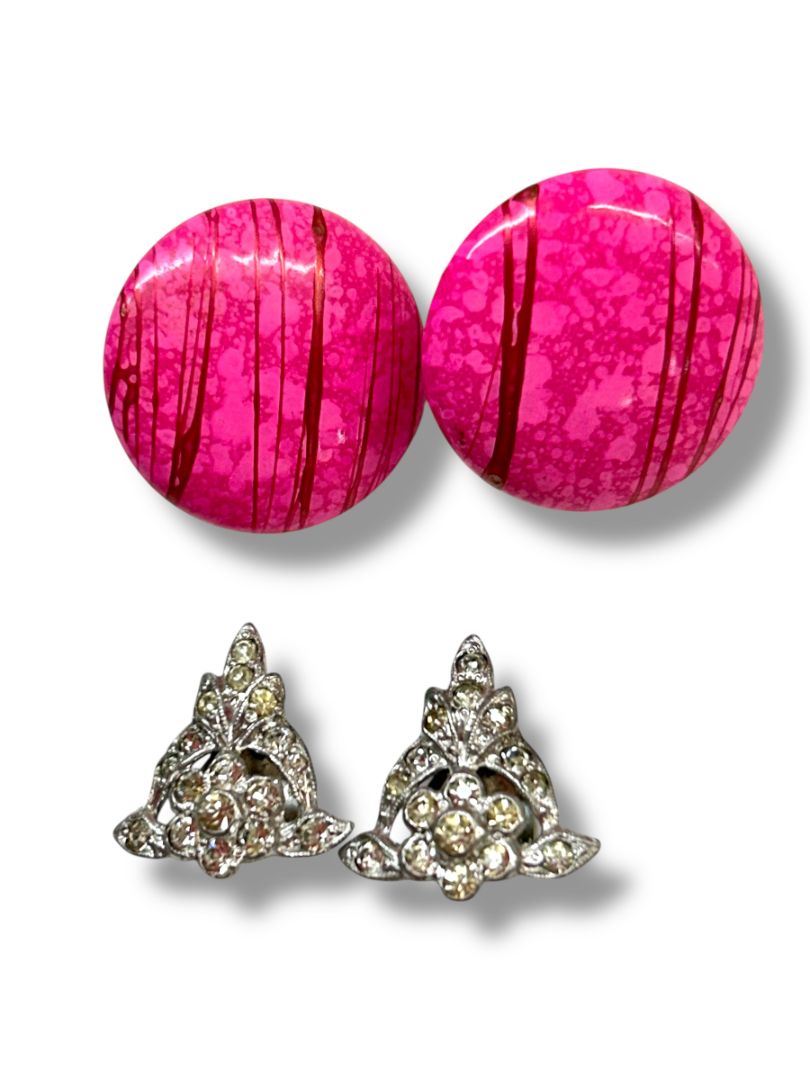 2 Pair Vintage Clip On Earrings Non-Pierced Pink Dots Silvertone Rhinestone