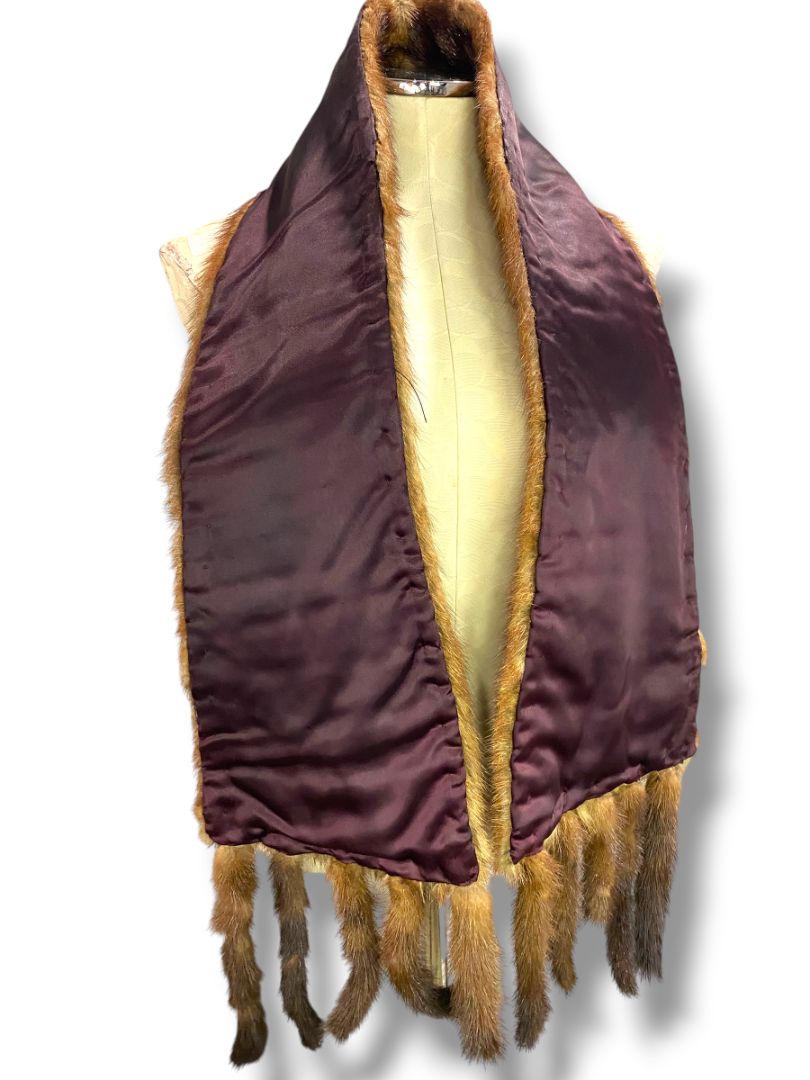 Vintage Genuine Mink Pelt Scarf Stole Tail Fringe 66" Brown Stripes