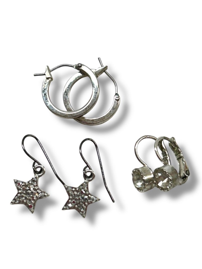 3 Pair Silvertone Pierced Earrings Rhinestone Hoop Dangle Stars