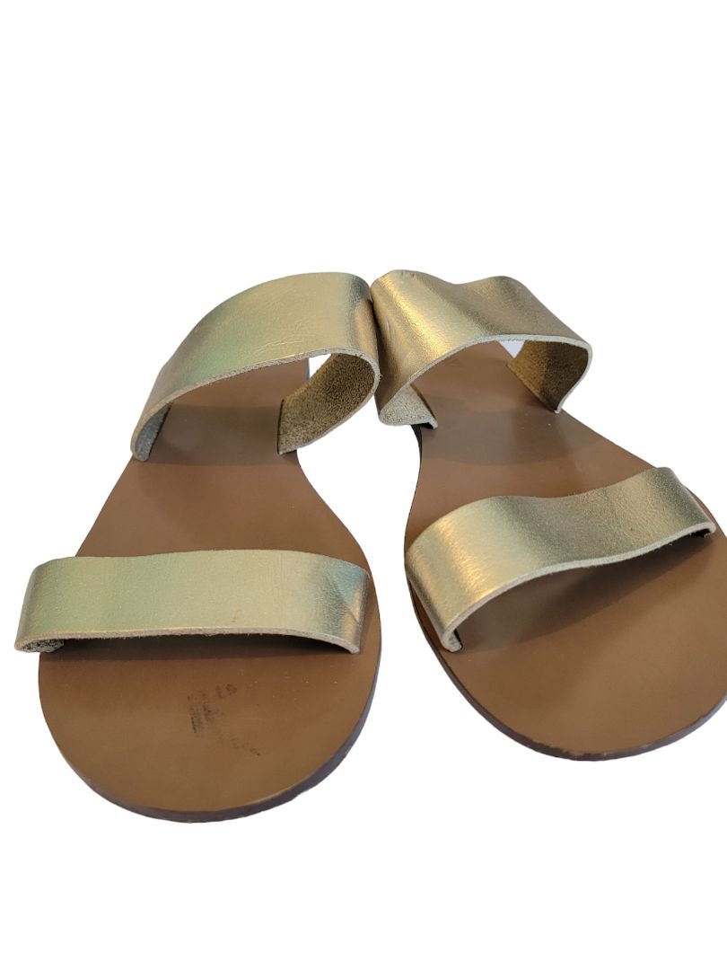 7 J.Crew Women's Gold Leather Metallic Sandals Slip on Two Strap Flat
