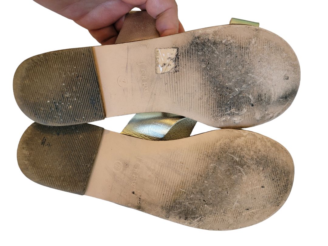 7 J.Crew Women's Gold Leather Metallic Sandals Slip on Two Strap Flat