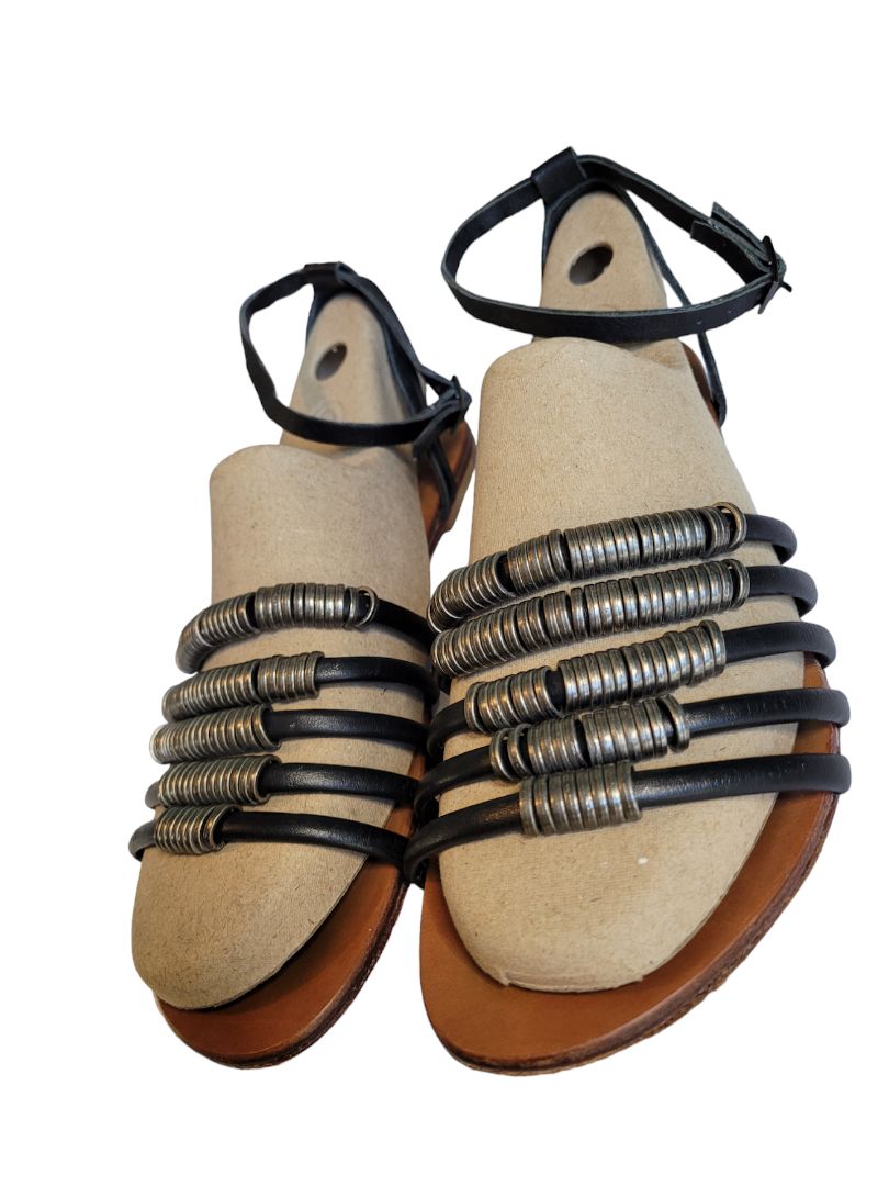 9 Madison Harding Black Strappy Metal Ring Sandals Moto Ankle Strap