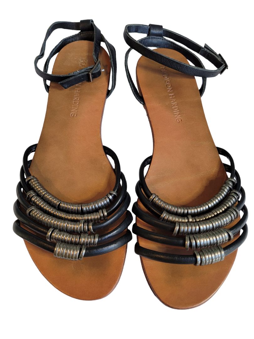 9 Madison Harding Black Strappy Metal Ring Sandals Moto Ankle Strap