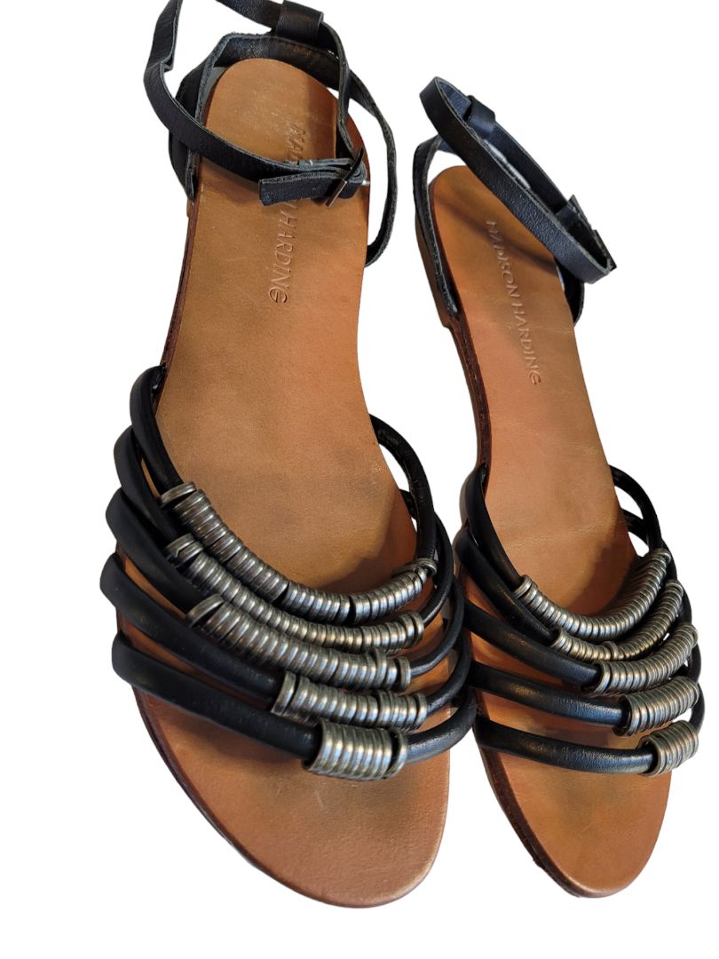9 Madison Harding Black Strappy Metal Ring Sandals Moto Ankle Strap