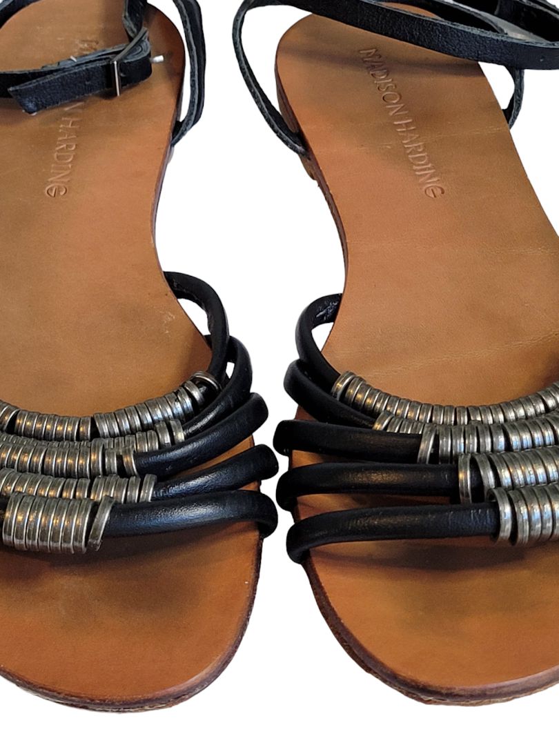 9 Madison Harding Black Strappy Metal Ring Sandals Moto Ankle Strap