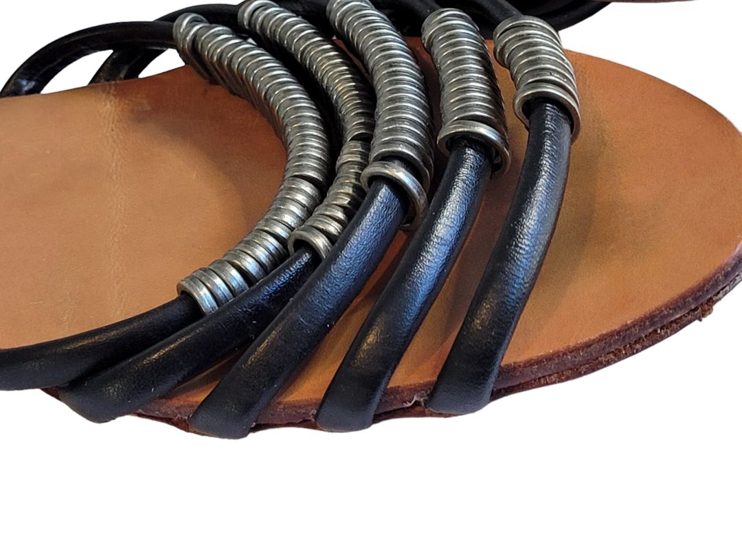 9 Madison Harding Black Strappy Metal Ring Sandals Moto Ankle Strap