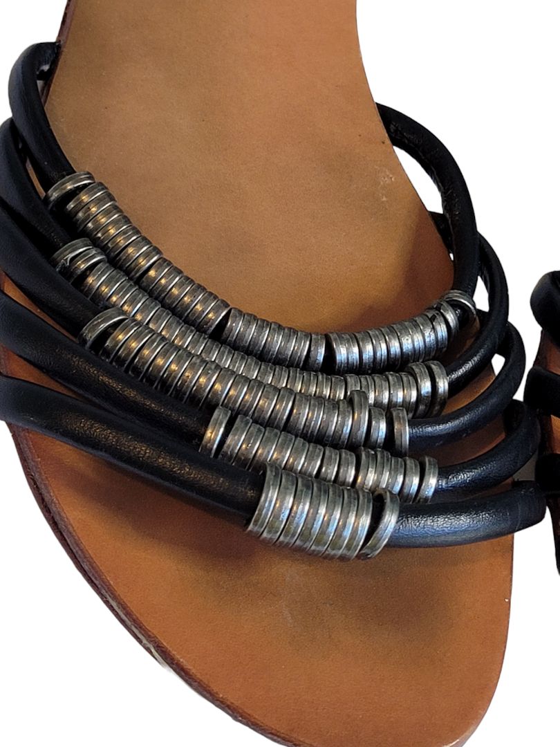 9 Madison Harding Black Strappy Metal Ring Sandals Moto Ankle Strap