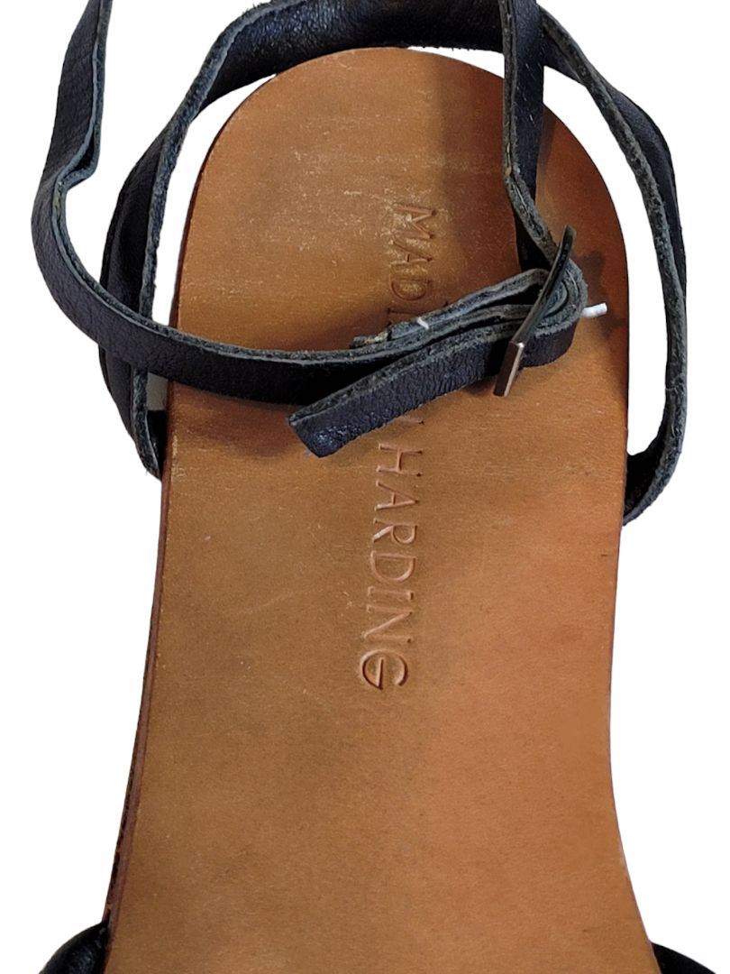 9 Madison Harding Black Strappy Metal Ring Sandals Moto Ankle Strap