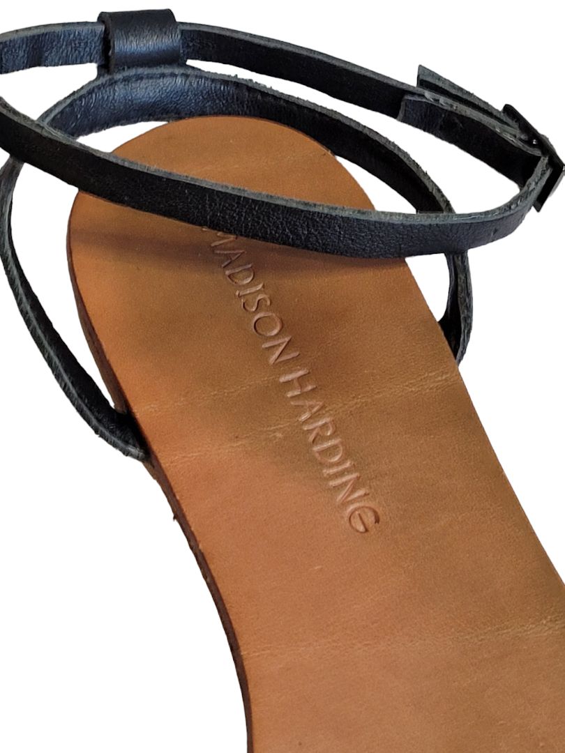 9 Madison Harding Black Strappy Metal Ring Sandals Moto Ankle Strap