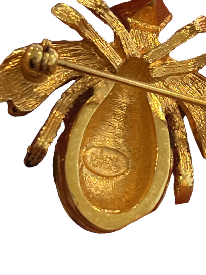 Vintage Joan Rivers Lily Of The Valley Bee Brooch Enamel and Faux Pearl Crystal Goldtone