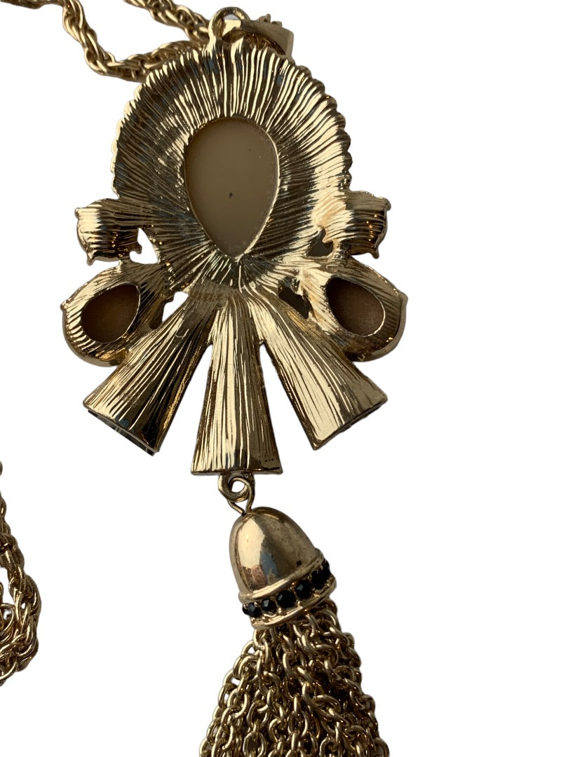 Goldtone Pendant 35" Necklace Amber Brown Tassel Pendant