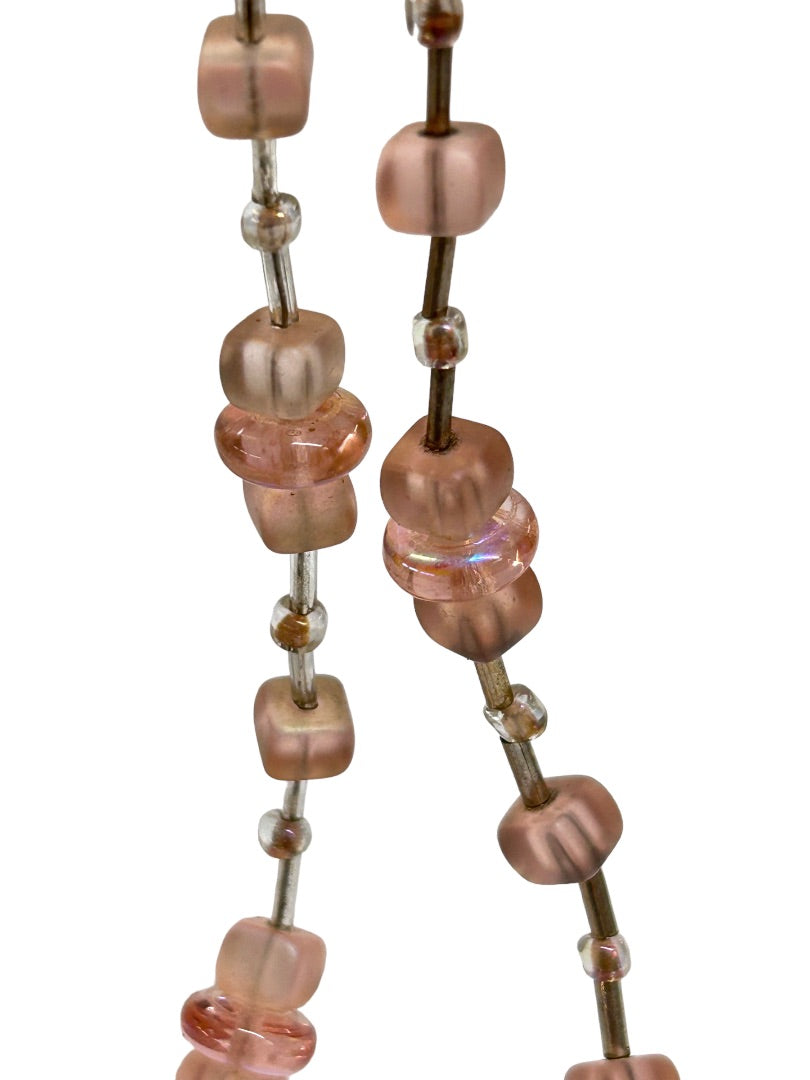 Pink Glass Beaded Necklace 25" with Clasp Silvertone and Clear Accents