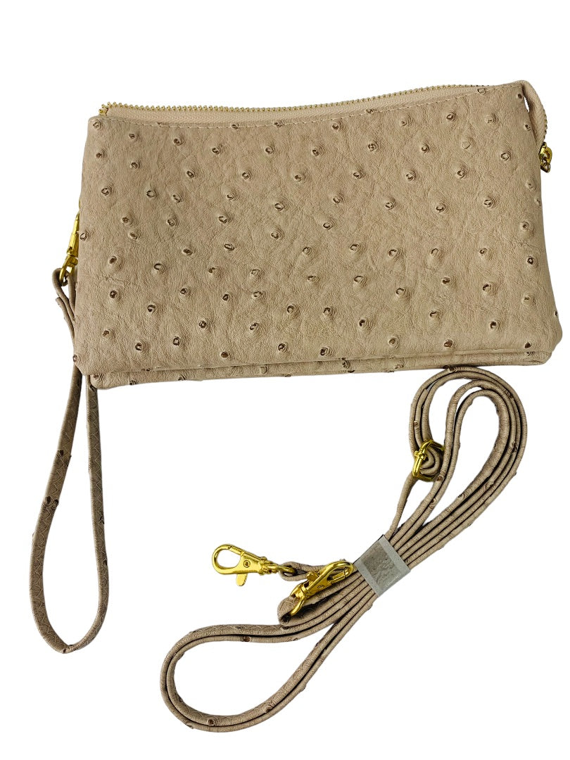Tan Large Wristlet with Shoulder Strap Compartments Faux Ostrich Card Wallet Slots