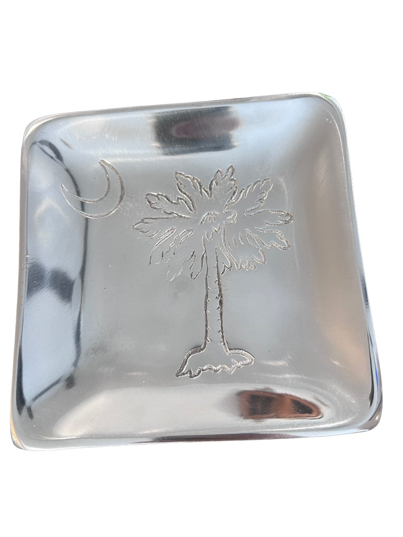 India Handicrafts Palm Tree Moon Silver Tone 9 Metal Tray Trinket Dish Napkin Holder Carolina 6" x 6"
