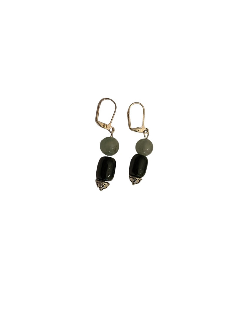 Silvertone and Glass Bead Black Green Pierced Leverback Earrings 2" Drop Dangle