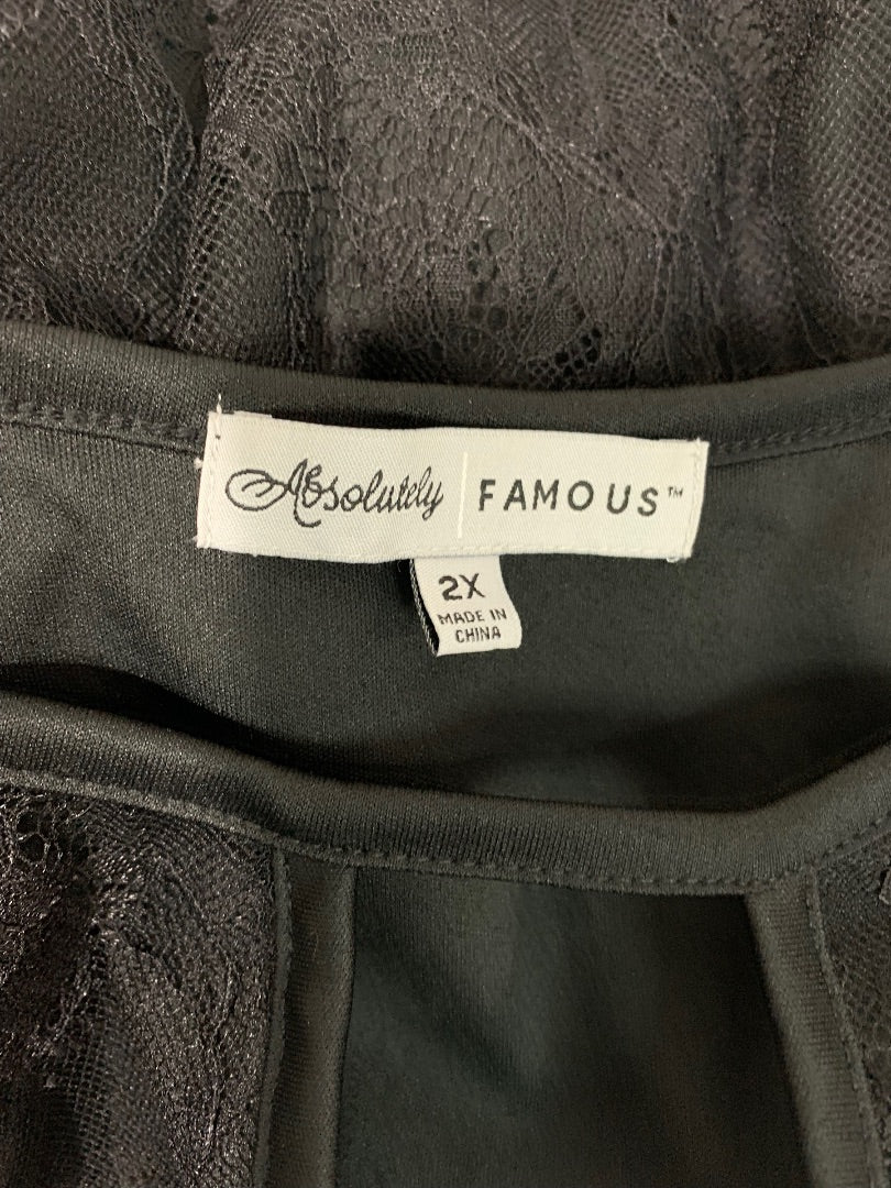 2X Absolutely Famous Women's Black Lace Pullover Blouse Keyhole Neckline