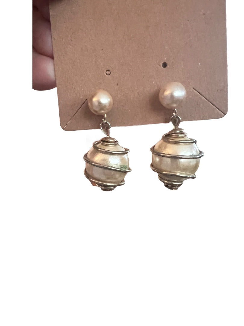 Faux Pearl Dangle Earrings Vintage Metal Coiled 1.5" Drop