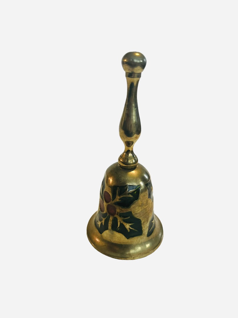Vintage Brass Hand Bell Enameled Holly Christmas Decor
