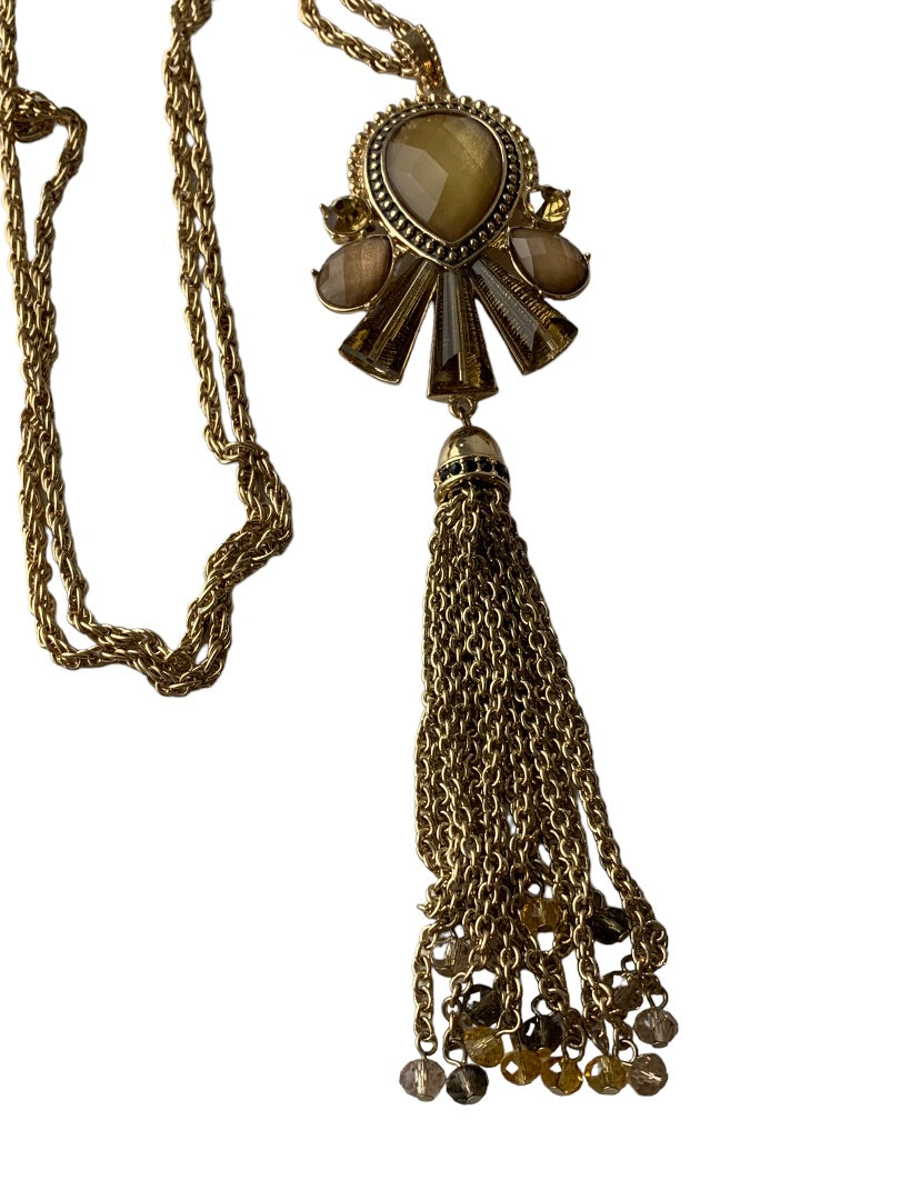 Goldtone Pendant 35" Necklace Amber Brown Tassel Pendant