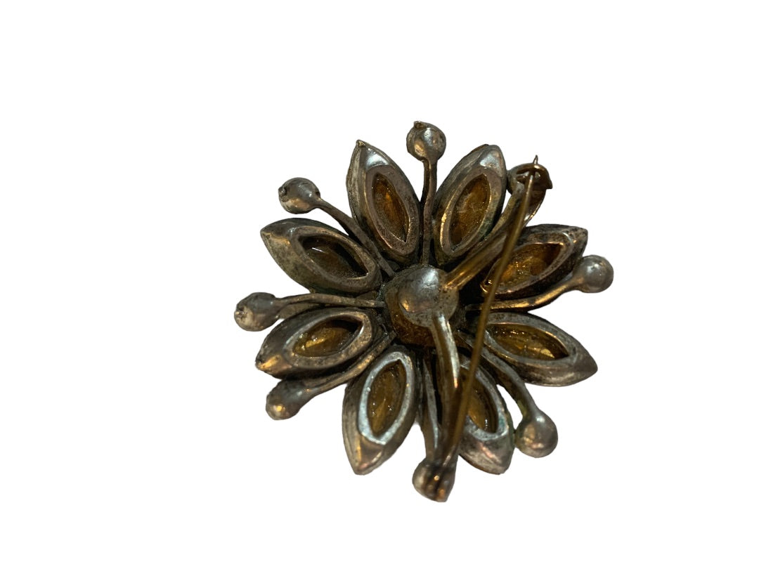 Vintage Gray Faceted Glass and Silvertone Floral Brooch 2" Diameter Pin