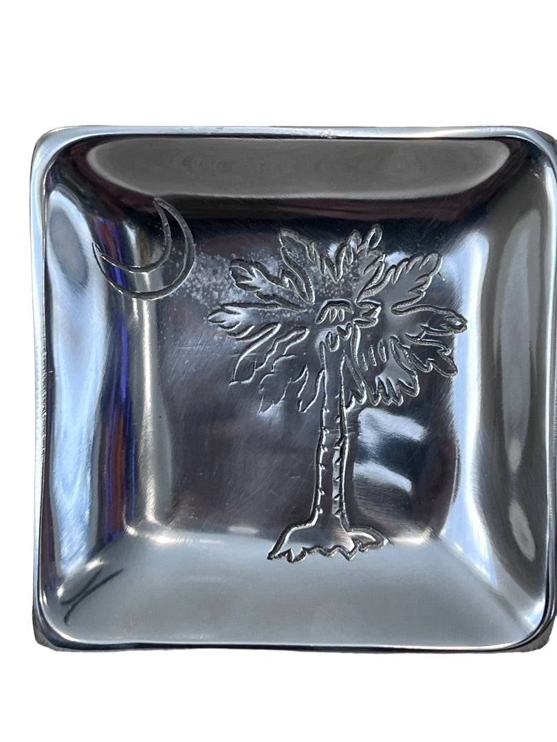 India Handicrafts Palm Tree Moon Silver Tone 9 Metal Tray Trinket Dish Napkin Holder Carolina 6" x 6"