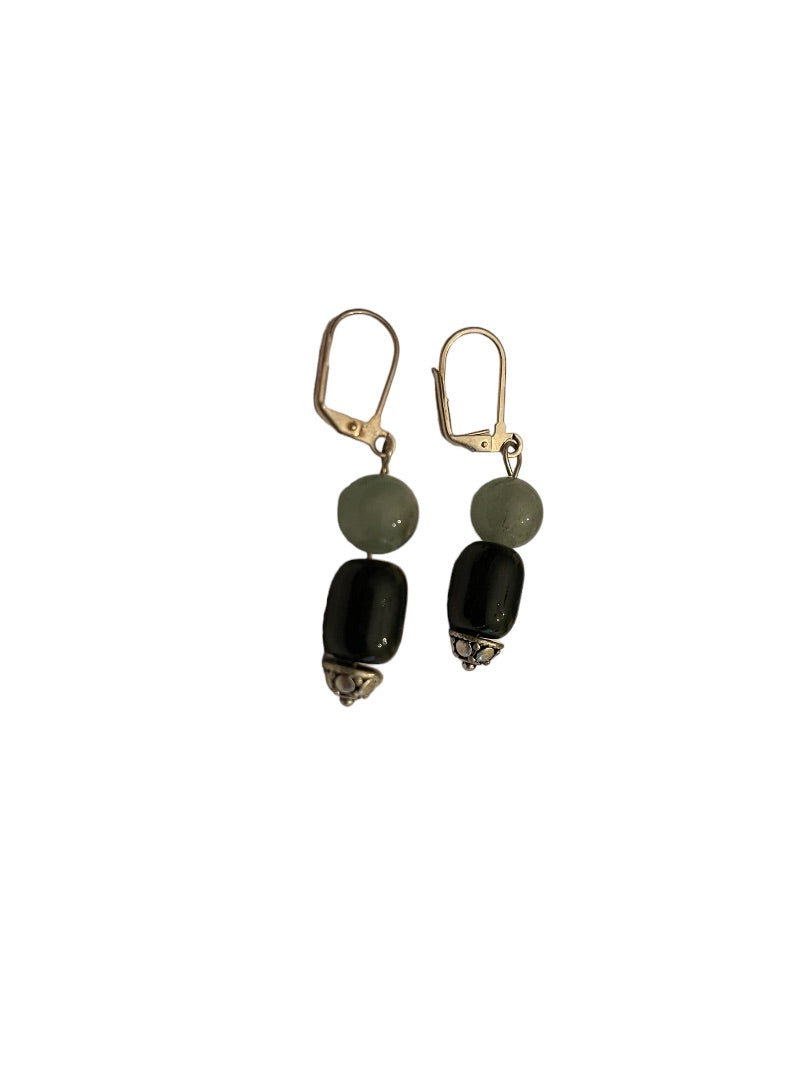 Silvertone and Glass Bead Black Green Pierced Leverback Earrings 2" Drop Dangle