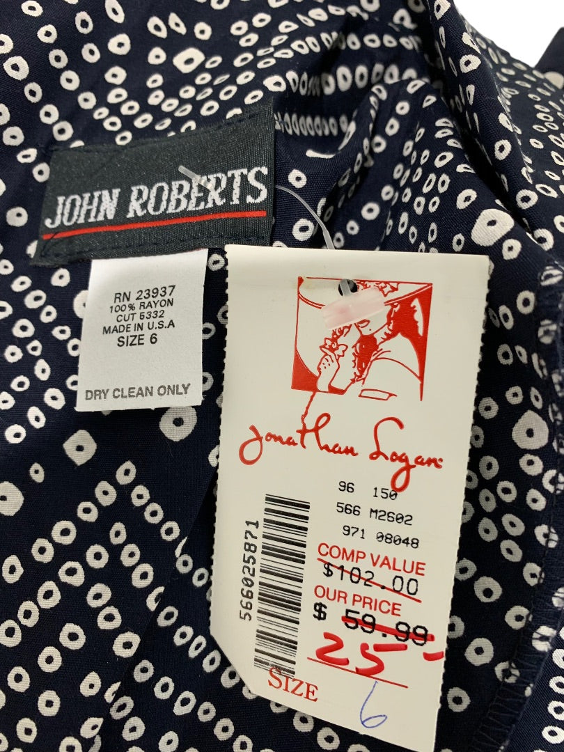 Size 6 John Roberts New Navy Blue Dot Wrap Dress 1980s Vintage
