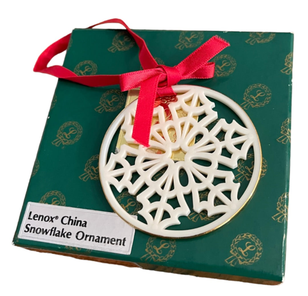 Lenox China Snowflake Ornament in Box Vintage 2.25" Diameter Red Ribbon