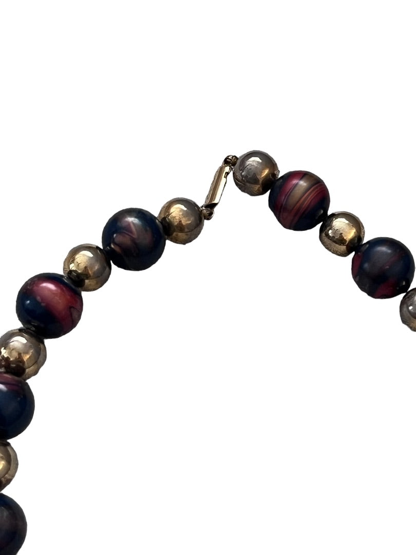 Enamel Marbled Beaded Necklace Gold Tone Navy Blue Garnet 27"