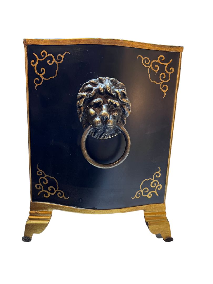 Hand Painted Metal Tole Lion Head Handle Planter Footed By Lotus Arts