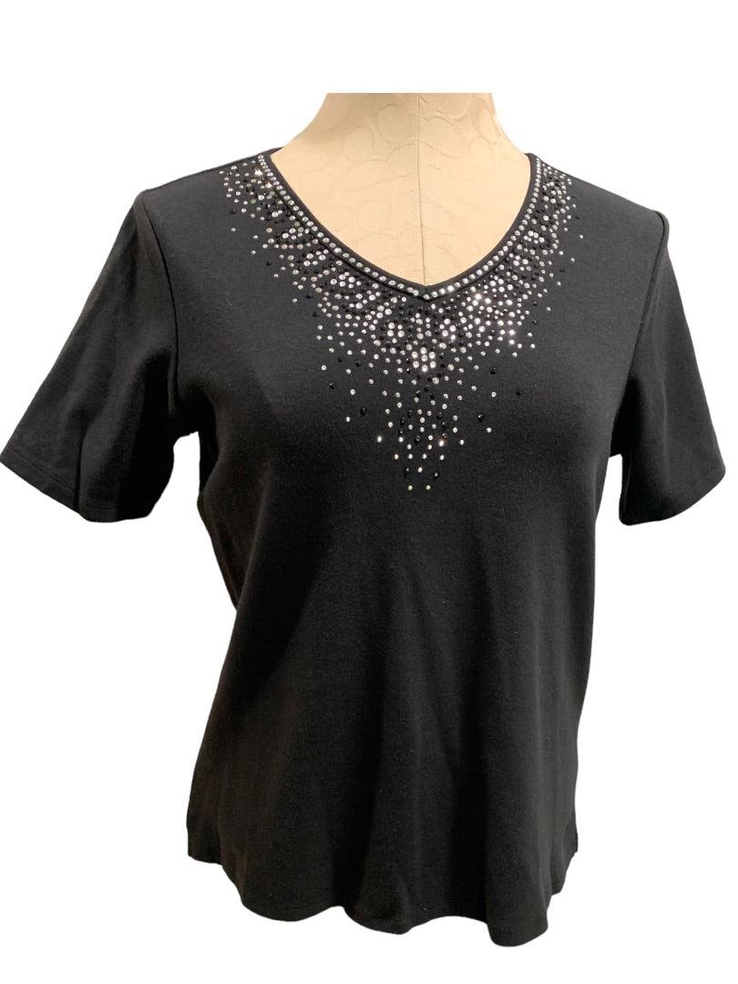 XS Quacker Factory Women's V-Neck Embellished Tshirt Short Sleeve Black