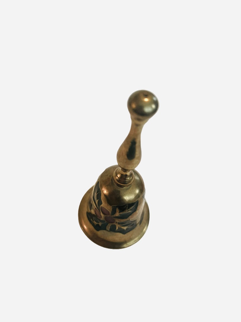 Vintage Brass Hand Bell Enameled Holly Christmas Decor