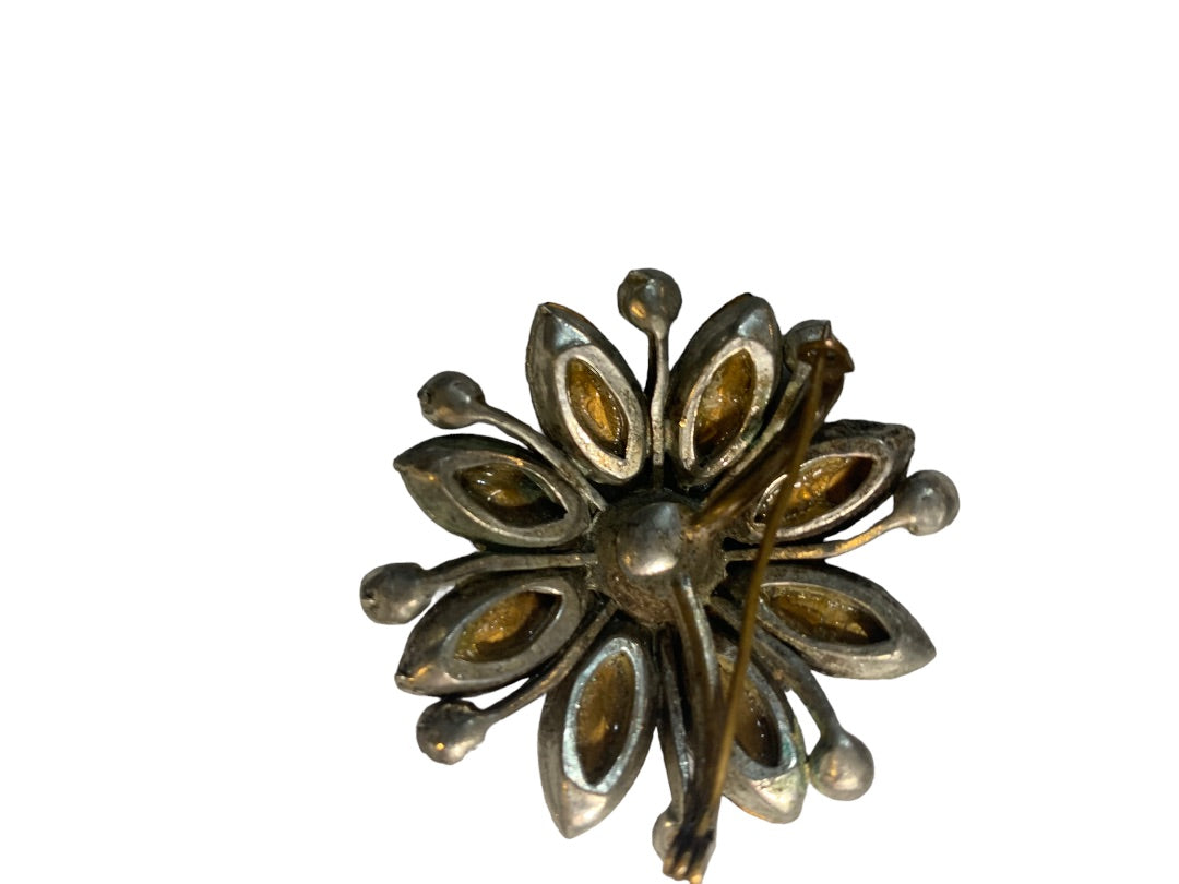Vintage Gray Faceted Glass and Silvertone Floral Brooch 2" Diameter Pin