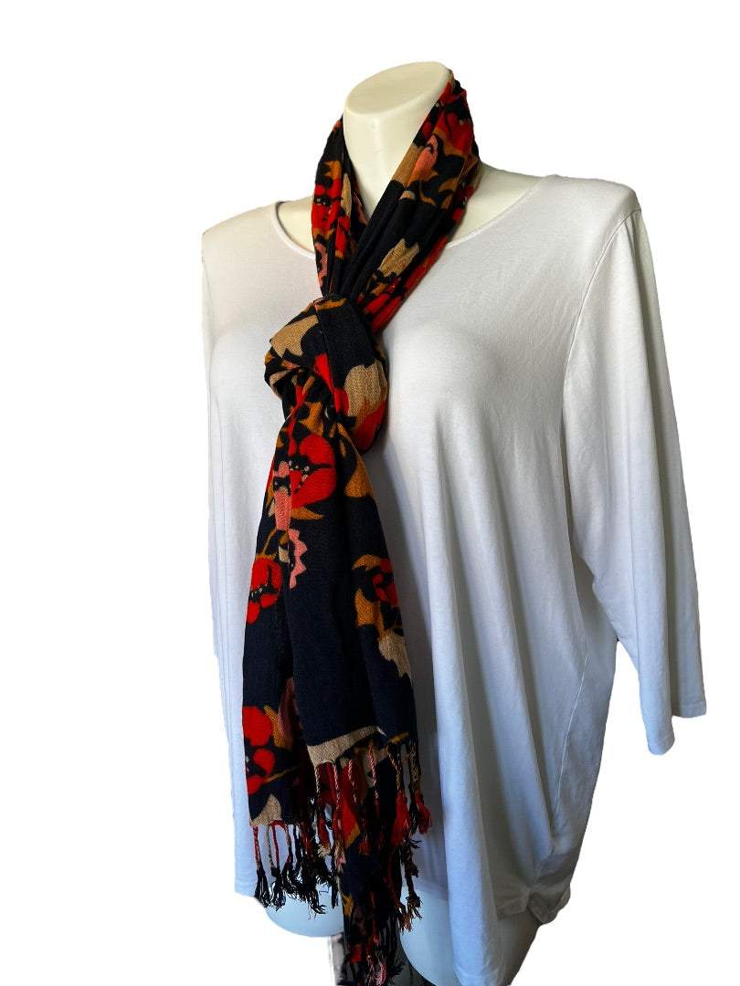 Spartina Navy Pink Orange Floral Scarf Long Fringed 25" x 80"