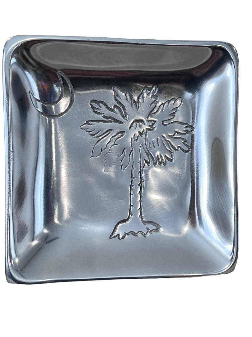 India Handicrafts Palm Tree Moon Silver Tone 9 Metal Tray Trinket Dish Napkin Holder Carolina 6" x 6"