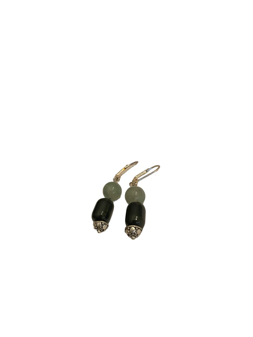 Silvertone and Glass Bead Black Green Pierced Leverback Earrings 2" Drop Dangle