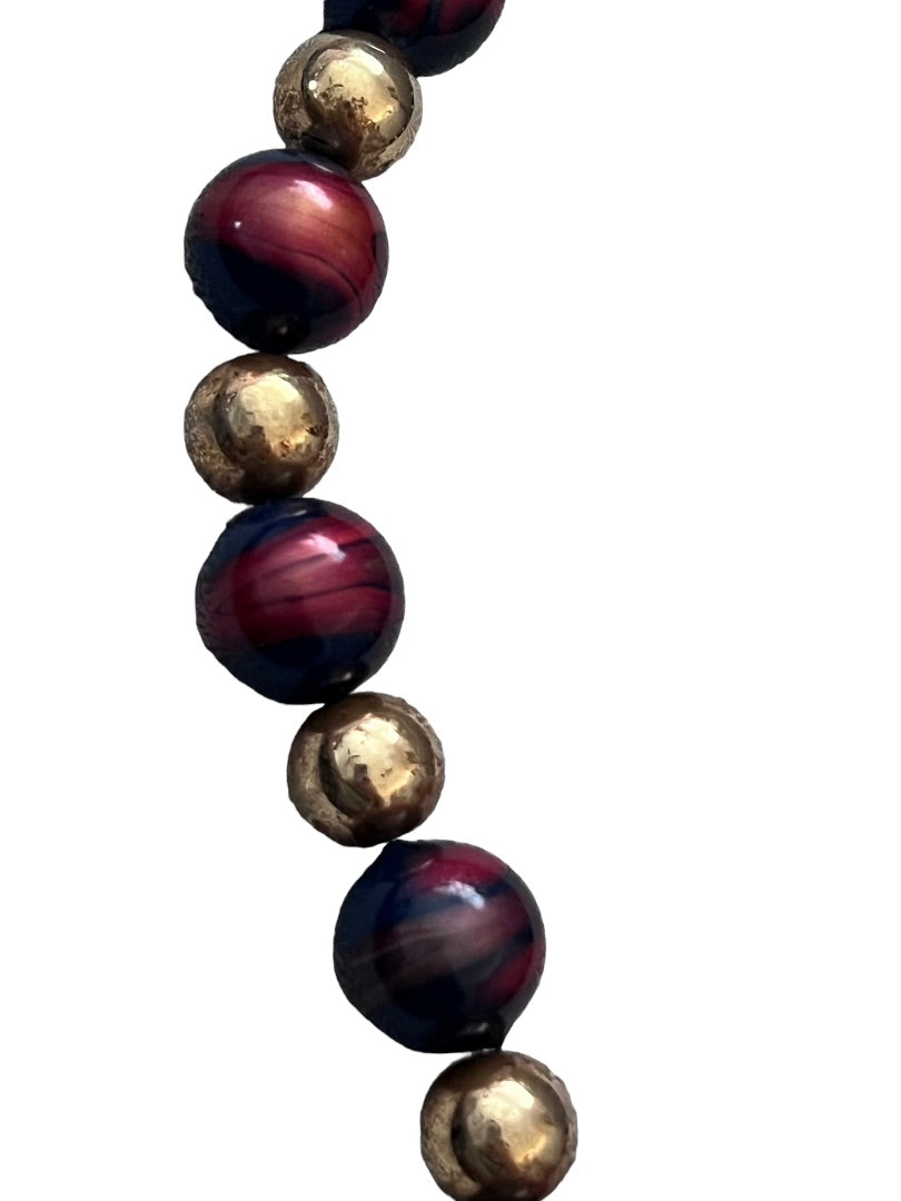 Enamel Marbled Beaded Necklace Gold Tone Navy Blue Garnet 27"