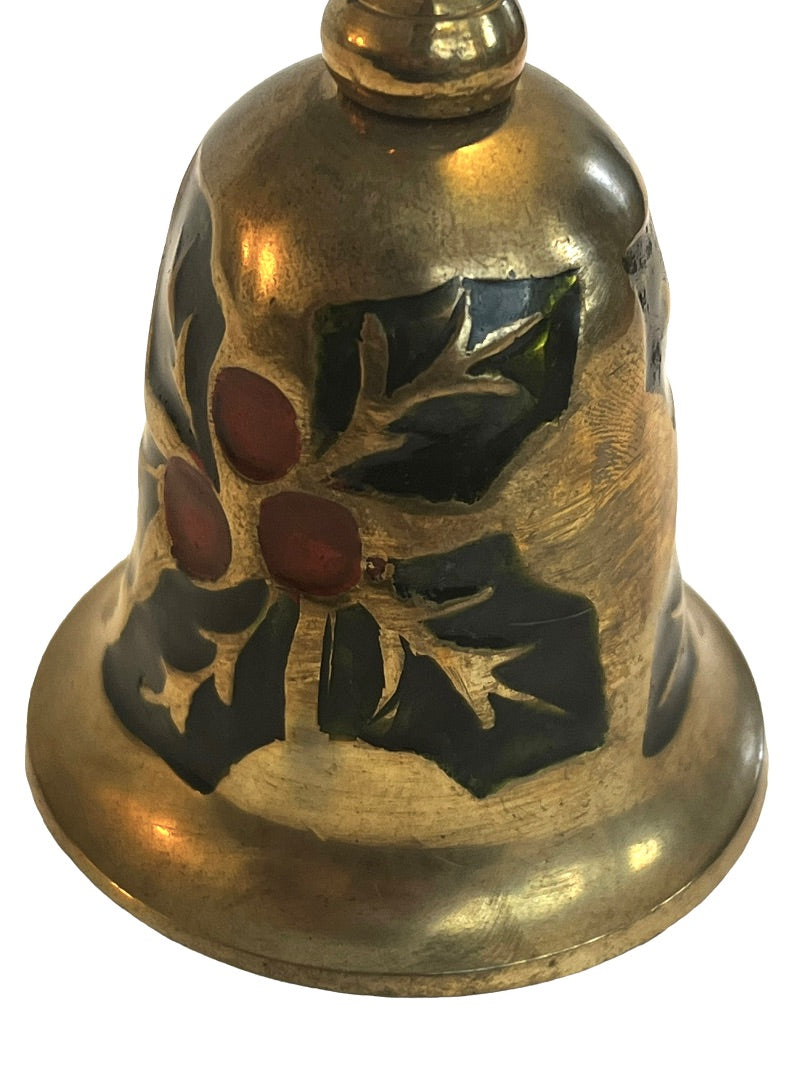 Vintage Brass Hand Bell Enameled Holly Christmas Decor