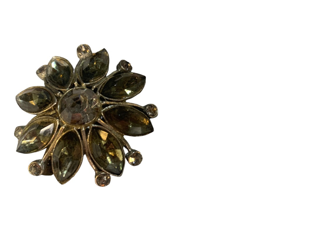 Vintage Gray Faceted Glass and Silvertone Floral Brooch 2" Diameter Pin