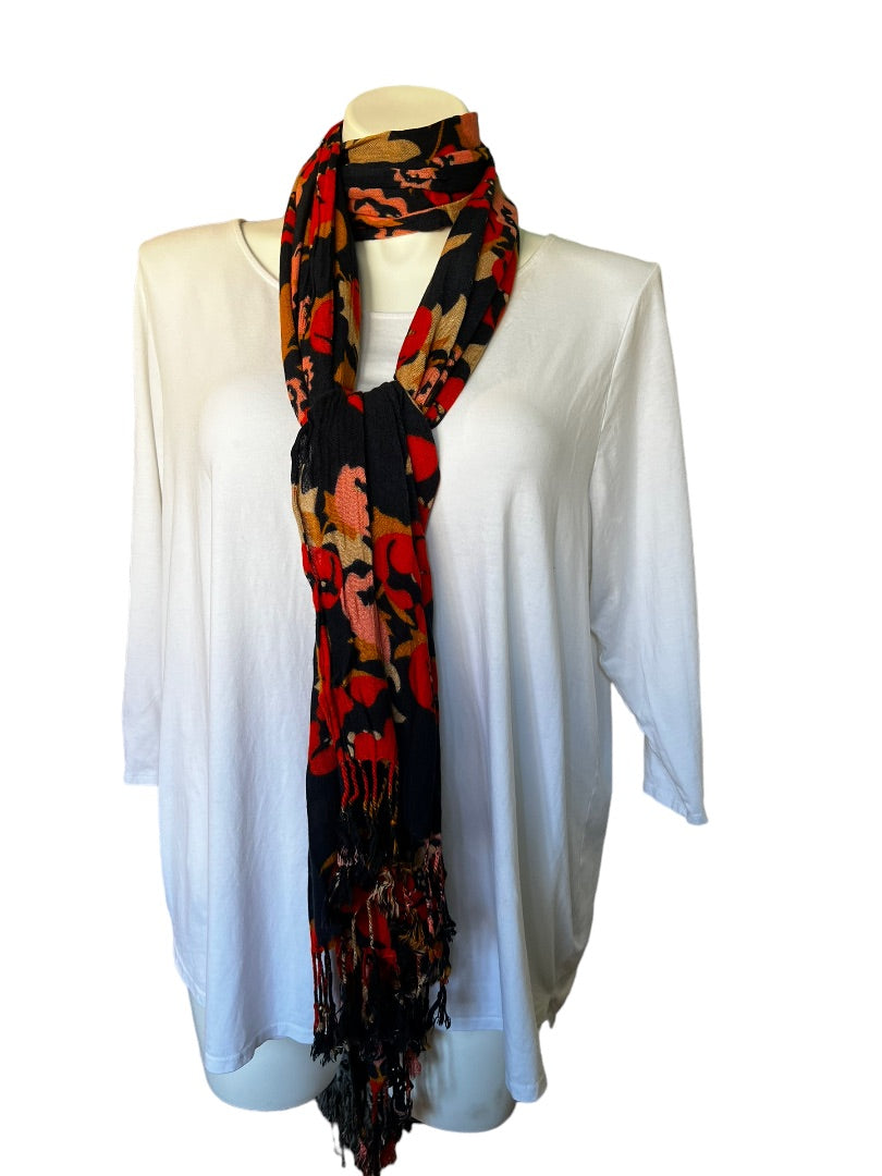 Spartina Navy Pink Orange Floral Scarf Long Fringed 25" x 80"