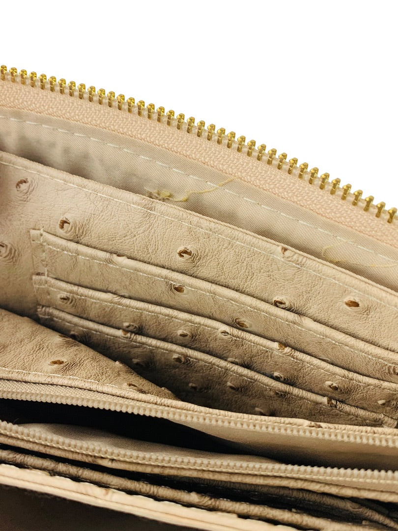 Tan Large Wristlet with Shoulder Strap Compartments Faux Ostrich Card Wallet Slots
