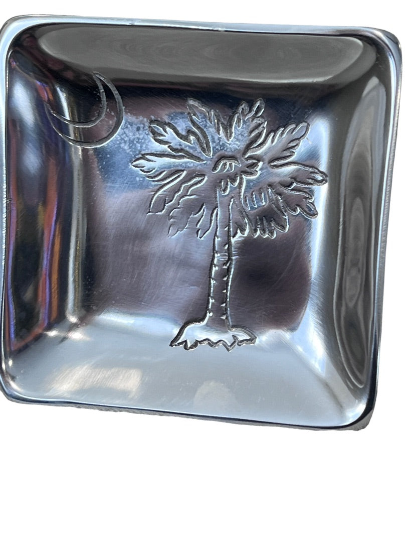 India Handicrafts Palm Tree Moon Silver Tone 9 Metal Tray Trinket Dish Napkin Holder Carolina 6" x 6"