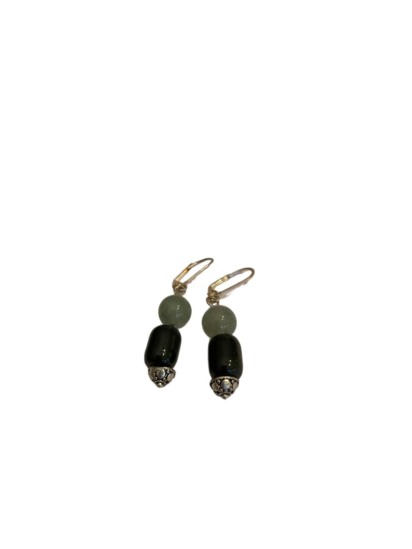 Silvertone and Glass Bead Black Green Pierced Leverback Earrings 2" Drop Dangle