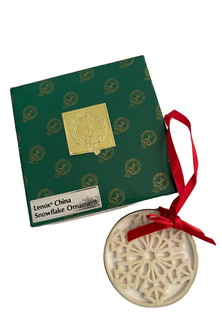 Lenox China Snowflake Ornament in Box Vintage 2.25" Diameter Red Ribbon