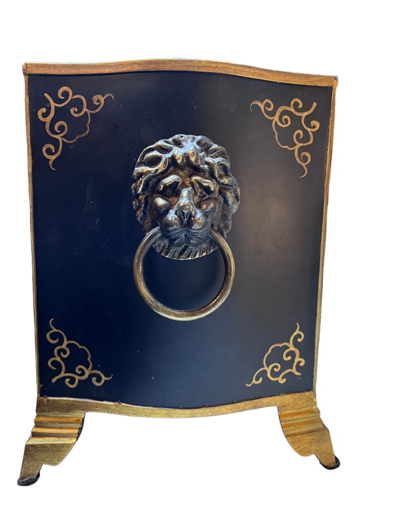 Hand Painted Metal Tole Lion Head Handle Planter Footed By Lotus Arts