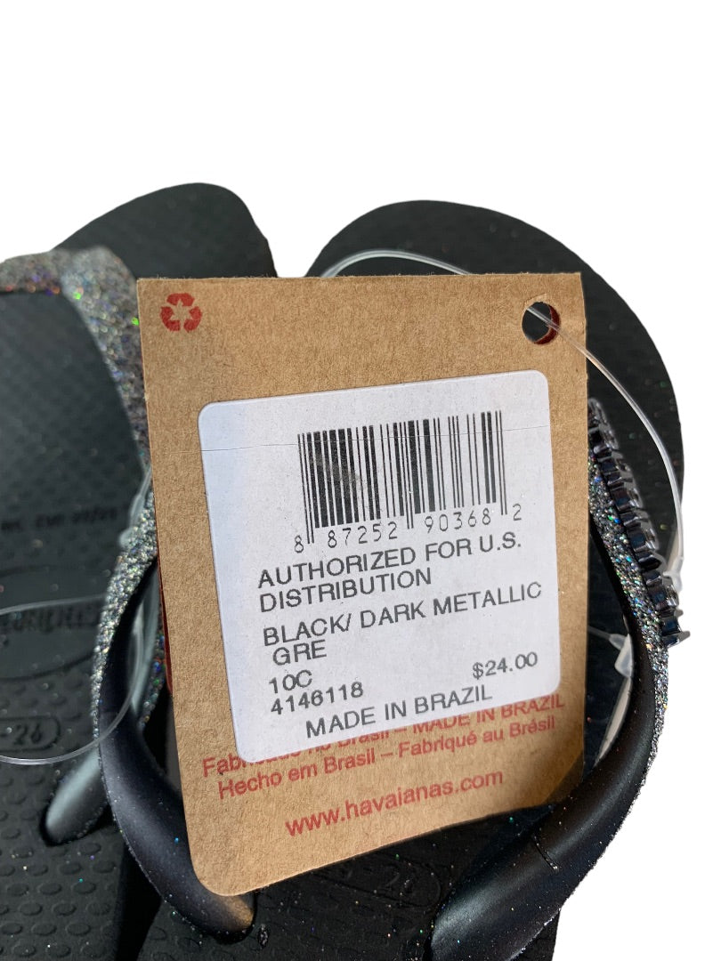 10C Havaianas Girls New Flip Flop Sandals Black Dark Metallic Glitter